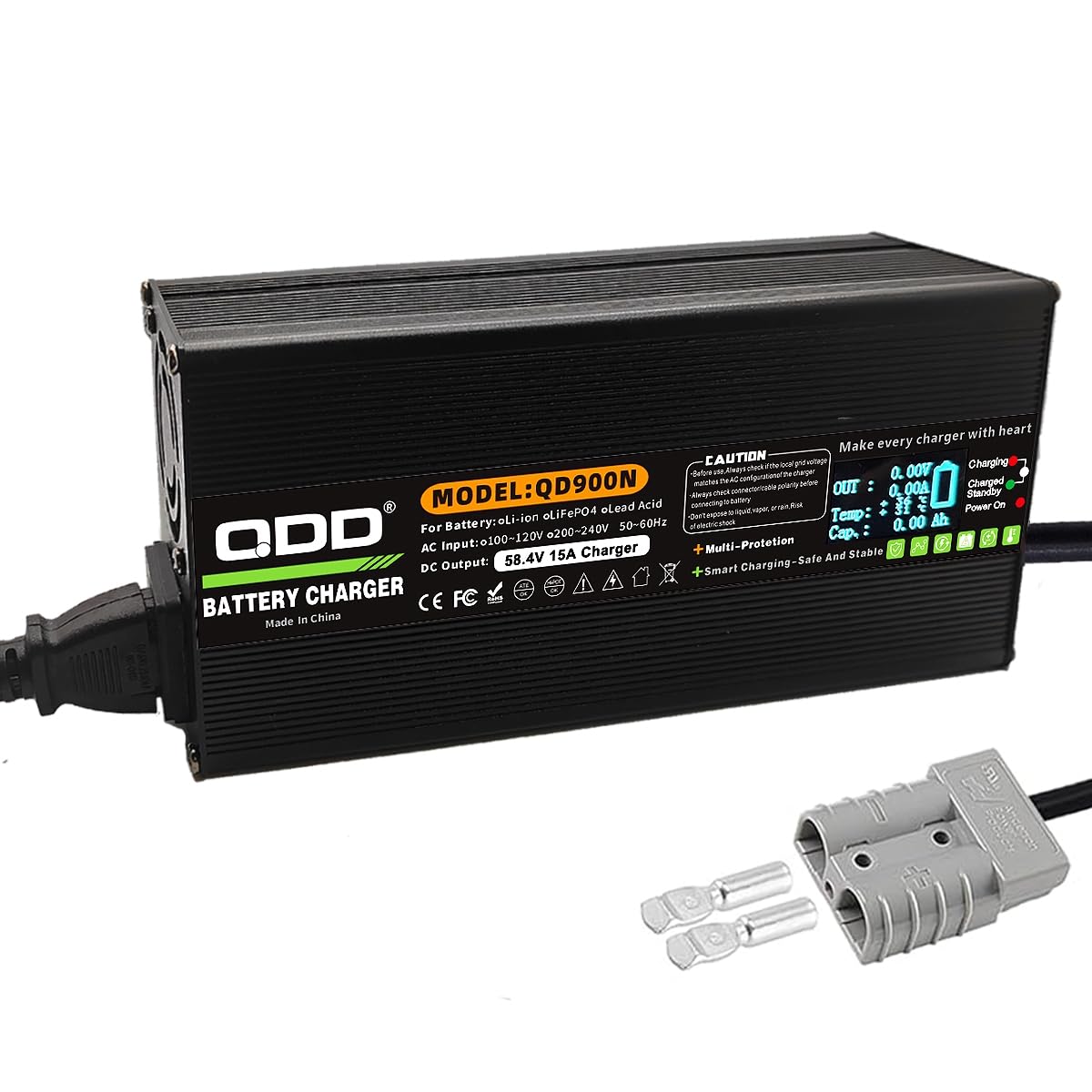 QDD 48 V / 58,4 V 15 A Lifepo4 ładowarka do akumulatorów 220 V z wentylatorem chłodzącym i wyjściem Anderson 50 A, ładowarka Lifepo4, wiele funkcji ochronnych do baterii 48 V Lifepo4, ze wskaźnikiem