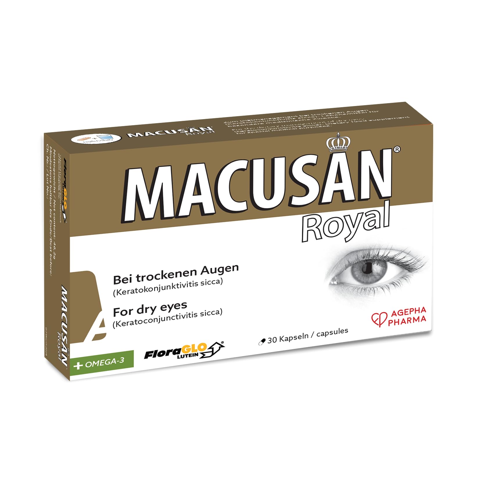 Macusan® Royal - Augenvitamine zur Behandlung bei trockenen Augen - Senkung des Risikos einer Altersbedingten Makuladegeneration (AMD) - Omega-3, Lutein und Zeaxanthin (30 Kapseln)
