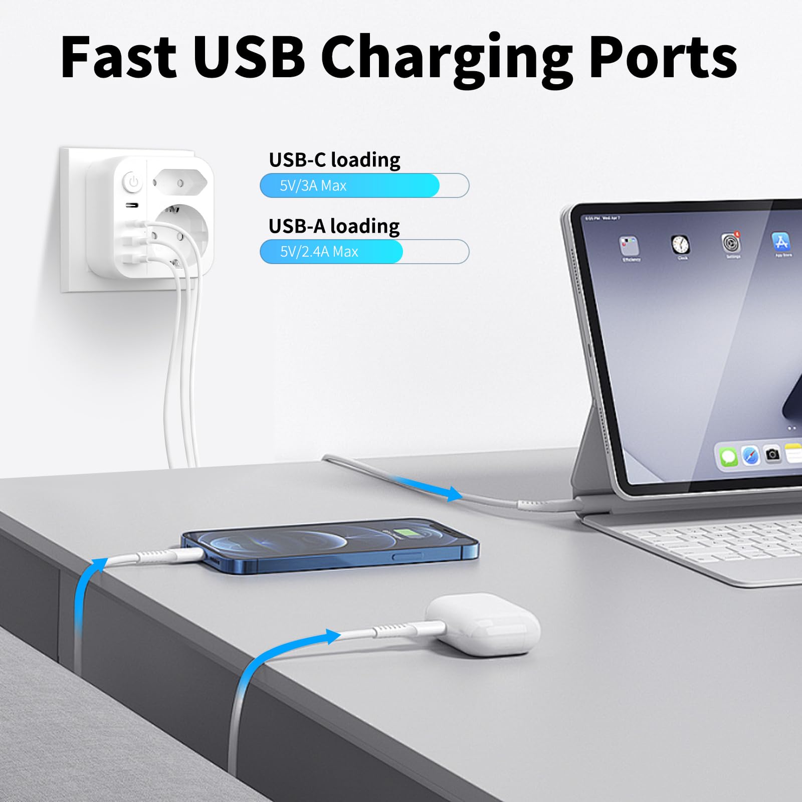 Adaptateur Prise Japon 6 en 1, 2500W Voyage avec 2 USB C et 2 USB A, Schuko vers Type A USA Chine Canada Thaïlande