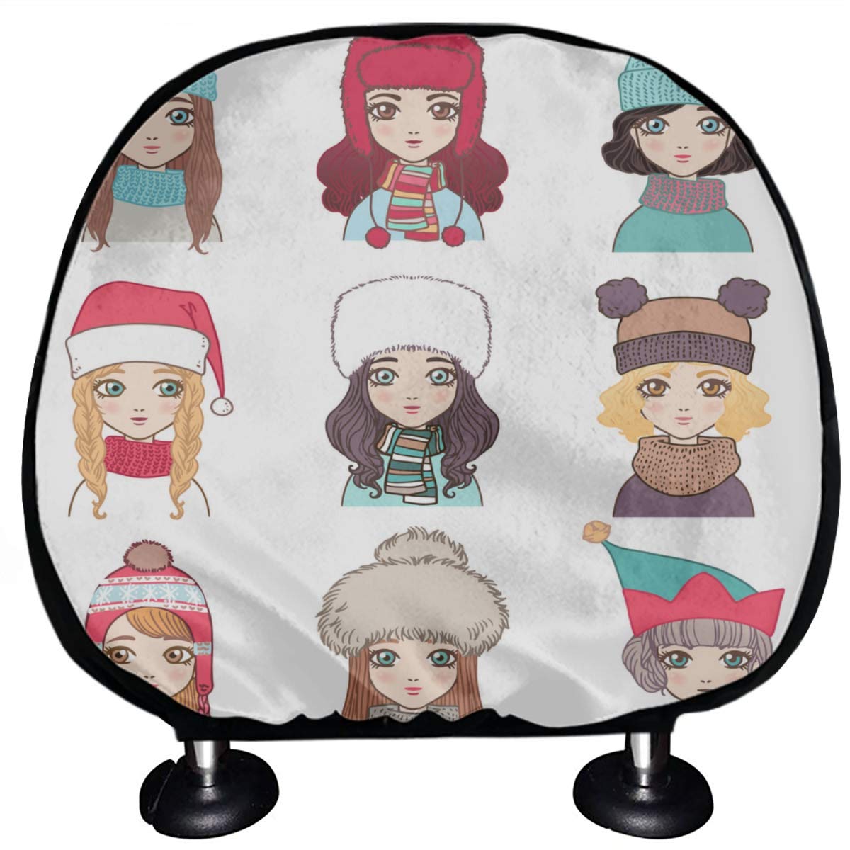 Car Seat Headrest Cover Set Stylish Women Characters Winter Hats Seat Headrest Cover