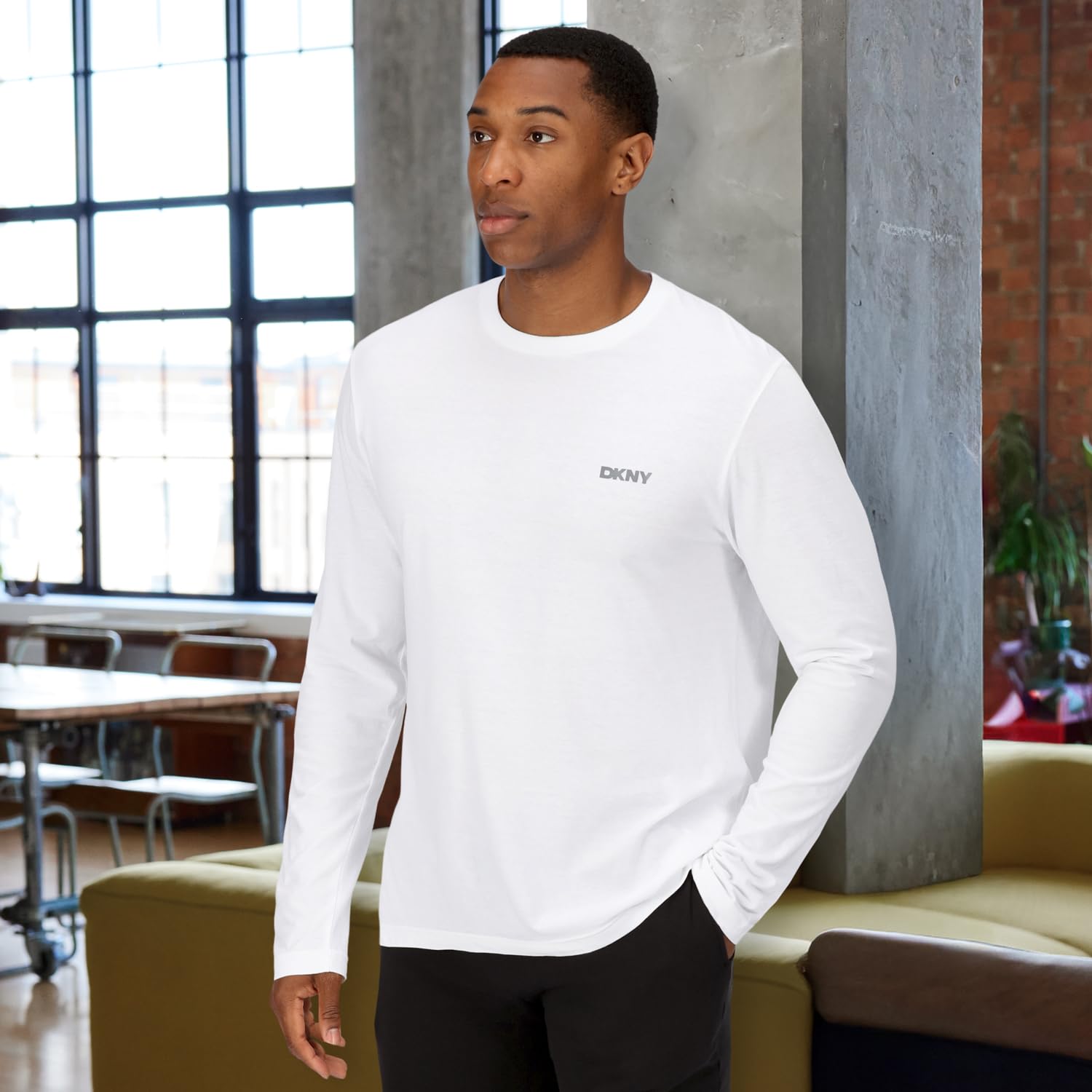 DKNY Męski top z długim rękawem Slim Fit w kolorze granatowym/grafitowym/czarnym z okrągłym dekoltem i markowym logo, 100% bawełna, super miękka i wygodna odzież domowa