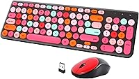 GUKJOB Retro Typewriter Wireless Keyboard & Mouse Combo with Round Keycaps - 2.4GHz Plug & Play for PC Laptop Desktop (Black-Colorful)