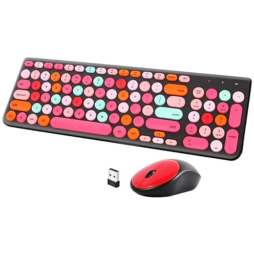 Wireless Keyboard and Mouse Combo, Retro Typewriter Keyboard with Round Keycaps, 2.4GHz USB Cute Wireless Keyboard Mouse for Computer, Desktop, Laptop and Computer (Black-Colorful)
