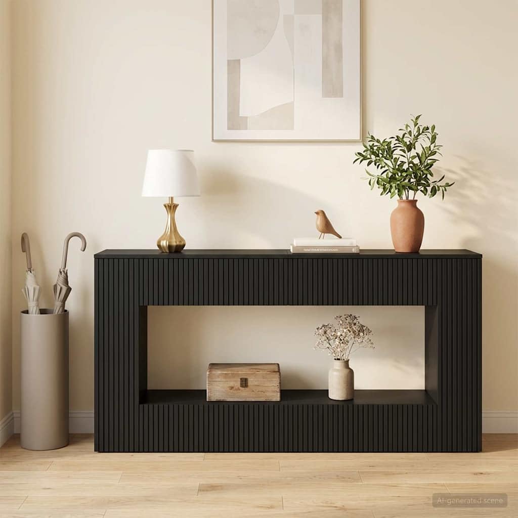 Tavolo consolle a righe, nero, 155 x 29 x 74 cm, in legno, moderno, con cassetti e ripiani, per corridoio, soggiorno, ufficio