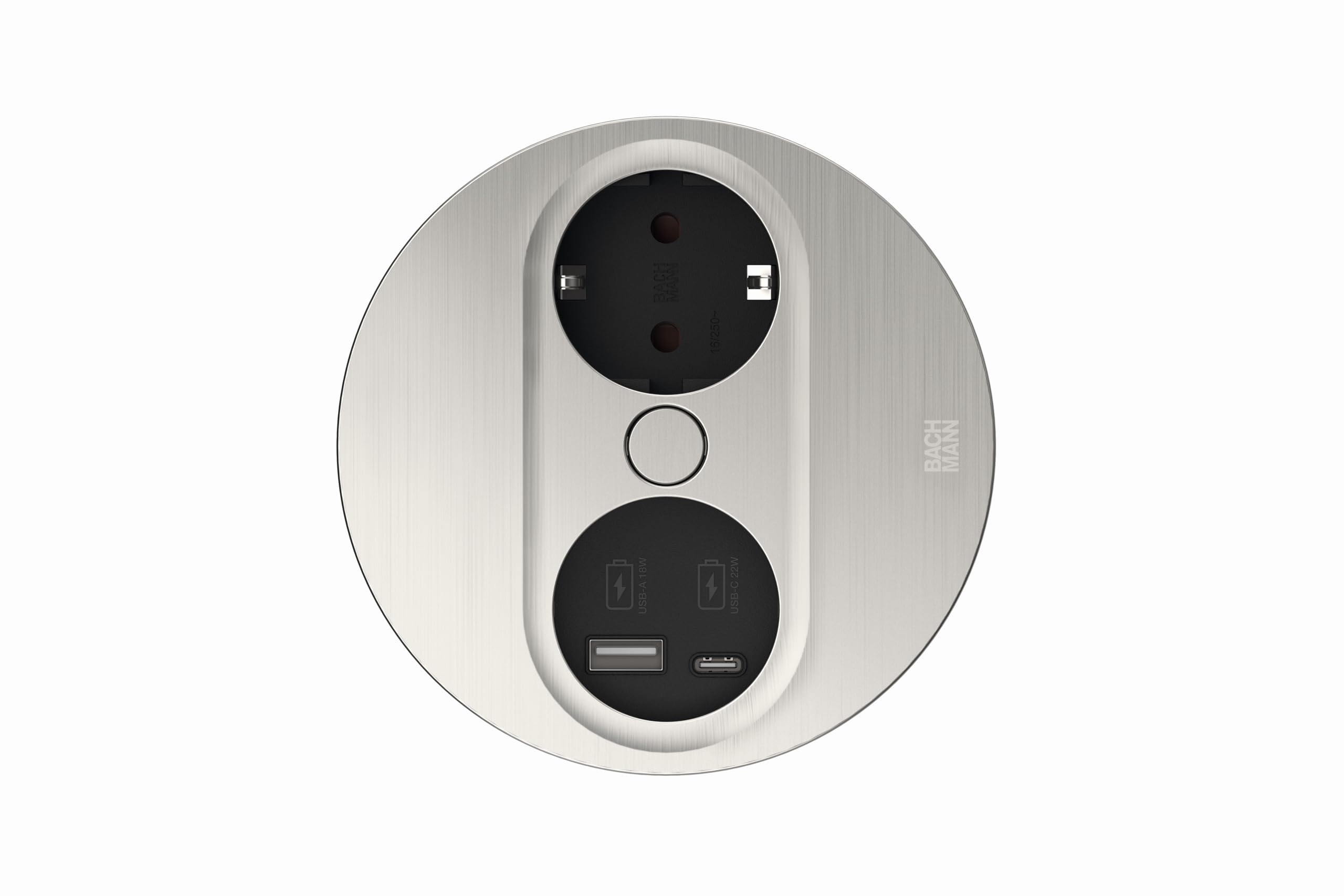 BACHMANN Gniazdo wtykowe do zabudowy Twist 2, okrągłe, 1 x gniazdko z USB A i USB C, 2 m, do kuchni i biura, wygląd stali nierdzewnej 946.004 (z automatycznym otwieraniem i powłoką zapobiegającą