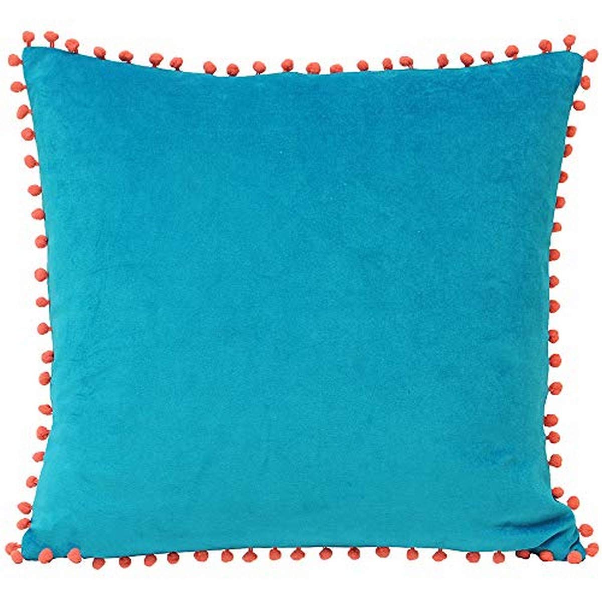 Riva Paoletti Polyester Filled Cushion Blue-Faux Velvet Fabric-Contrasting Coral Orange Pompom Edges-Hidden Zip Closure-100% Soft (18" X 18" Inches), Cotton, Teal, 45 X 45Cm