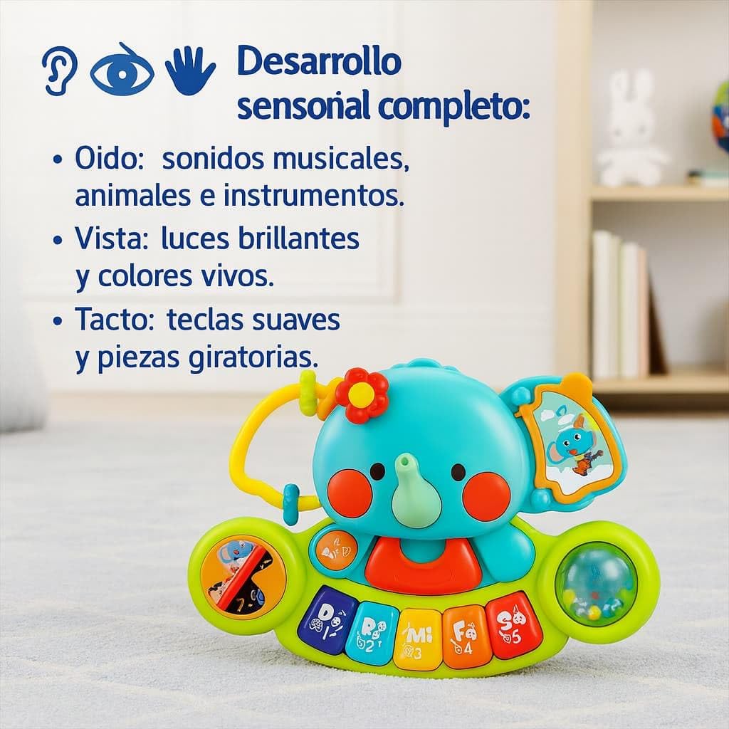 Hola - Piano Infantil de Juguete - con Luces y Sonidos Reales de Instrumentos Musicales - Juego Elefante Musical con Teclado y 7 Actividades - Juguete Sensorial y Educativo - Regalo Bebe +6 Meses