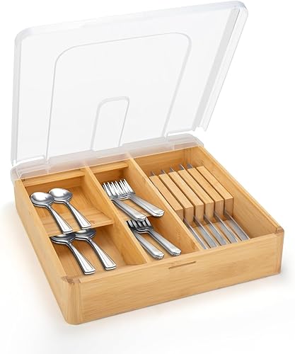 Bamboo Drawer Organizer for Utensils Holder, Silverware Cutlery Tray for Drawer, Wood kitchen drawer storage With Lid for Flatware Cutlery (wood)