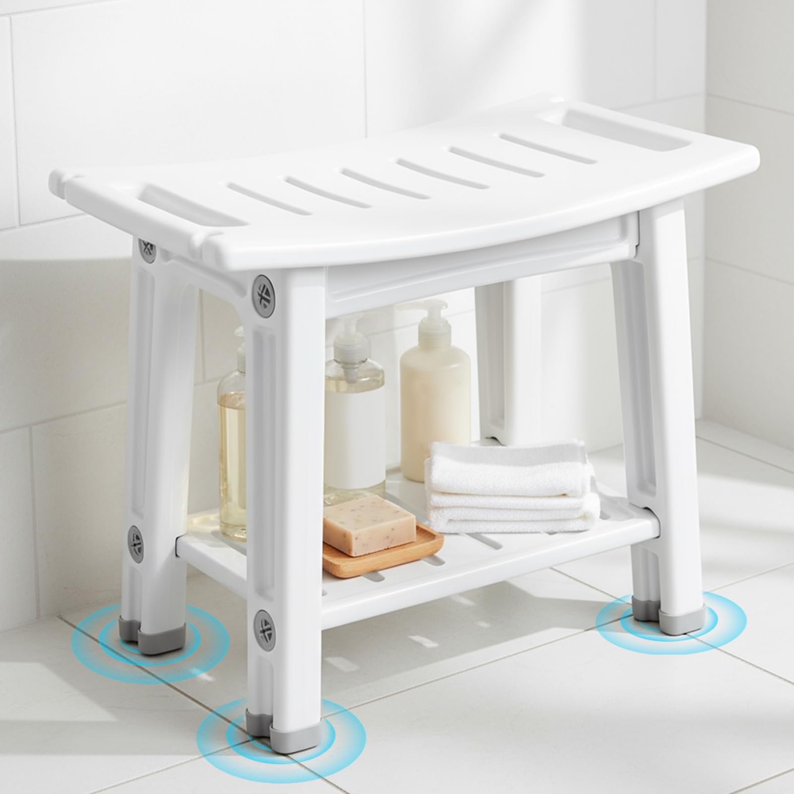 wowspeed Shower Benches, 17.71 Inch HDPE Waterproof Non-Slip Bathroom Showers Stool, Bath Chair Seat with Shelf & Shower Head Holder, Sturdy Bathtub Stool for Elderly Seniors, Indoor or Outdoor Use