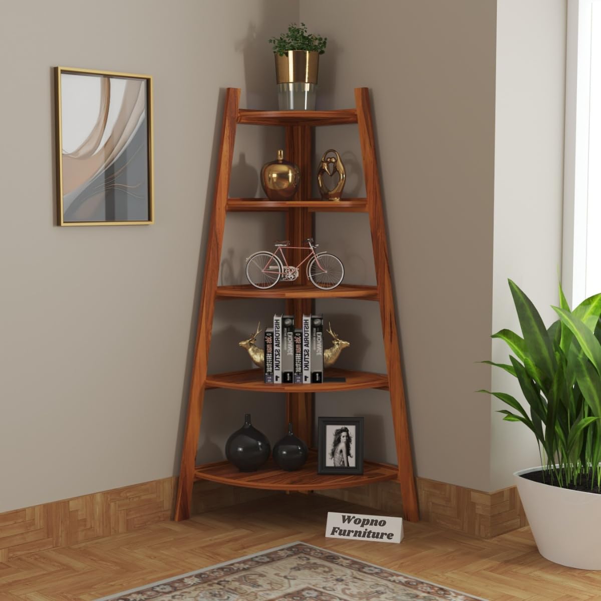 Wopno Furniture Corner Shelf for Living Room | 5 Tier Ladder Shelves for Drawing Room/Office | Wooden Floor Standing Space Saving Bookcases Display Decor Unit (Honey)-image-19