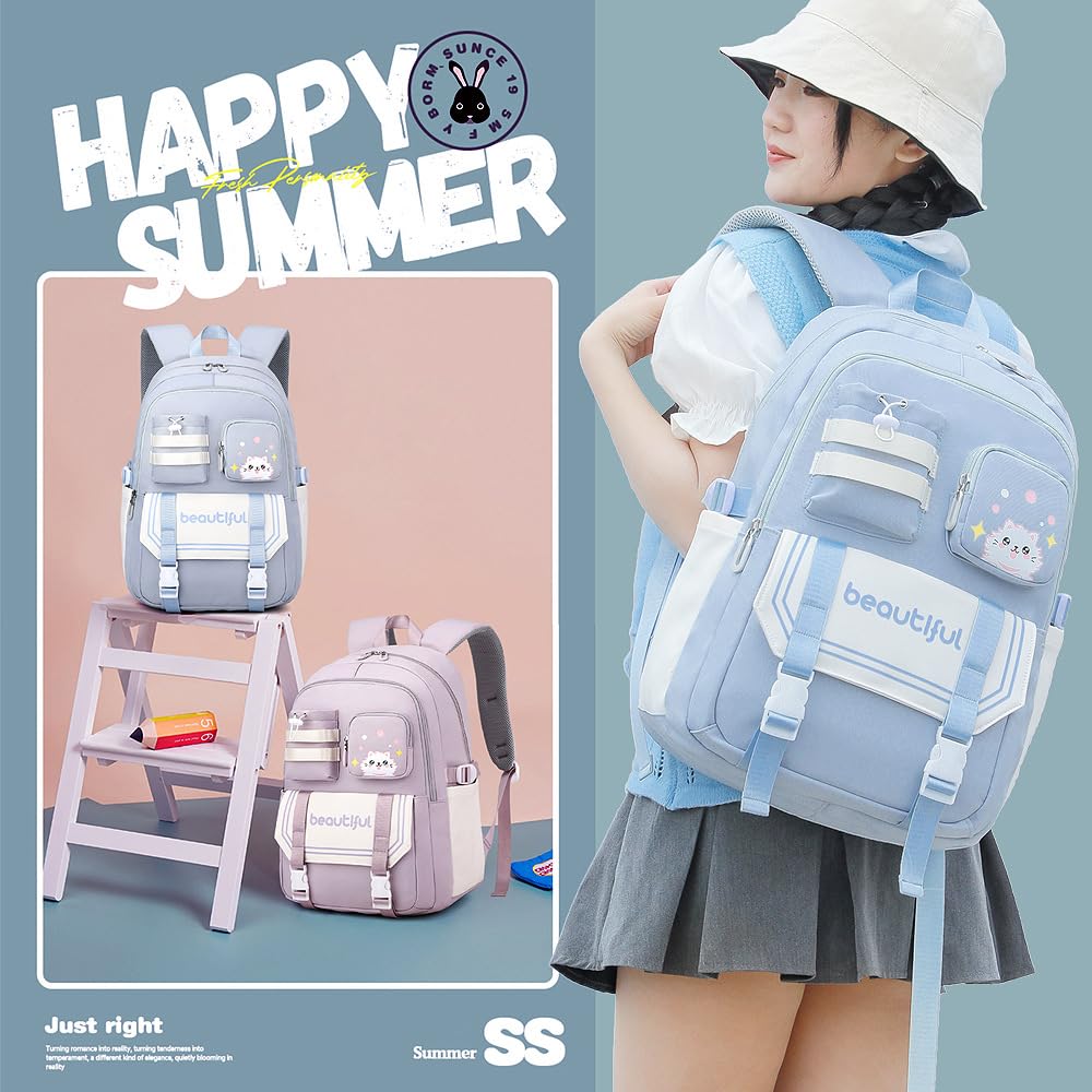 IvyH Sac A Dos pour Enfant Adolescentes Cartable Fille Primaire, Kawaii Sac D'école pour Fille Garçon 8 10 à 16 ans, Sac Ecole Léger et Imperméable, 30x20x46 cm, Bleu