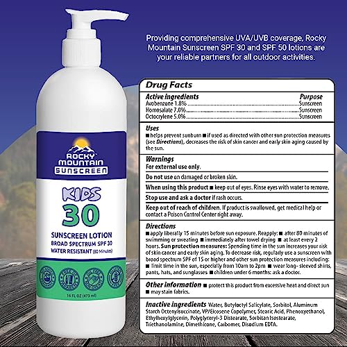 Kids Rocky Mountain Sunscreen 16 Ounce Bottle, Spf 30 Lotion | Reef Safe (Octinoxate & Oxybenzone Free) Water-Resistant | Broad Spectrum Uva/Uvb Protection | Non-Greasy, Fragrance Free, Vegan, Gluten Free | Comes With Pump (16 Fl Oz) | For Children #TOP1