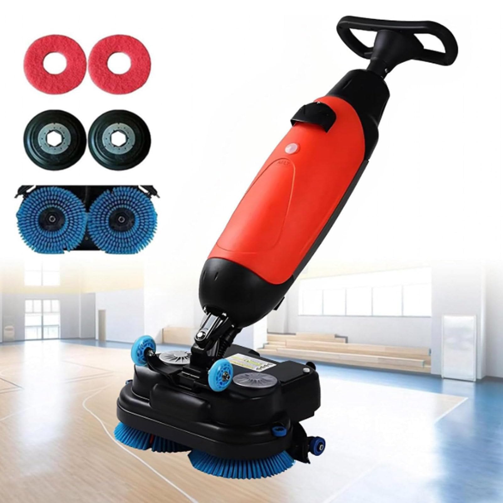 Cashwise Red Portable Commercial Floor Scrubber, Floor Machine Walk Behind Floor Scrubber Dryer For Efficient Cleaning, 2 Adjustable Brushes, 4.5L+7.5L Dual Tanks