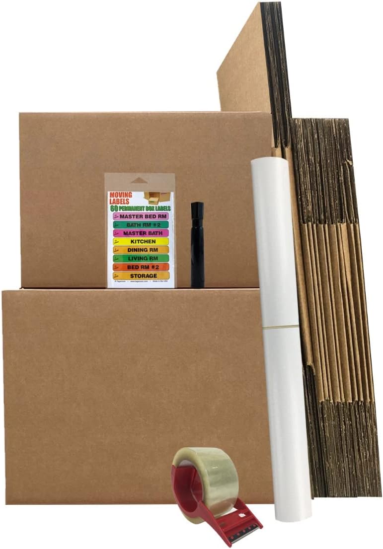 Bigger Boxes Smart Moving Kit #1, Moving Boxes & Supplies, 1 to 2 bedroom Kit, Medium & Large Boxes, 60 Moving Labels, Packing Paper & Packing Tape, Apartment Moving Kit