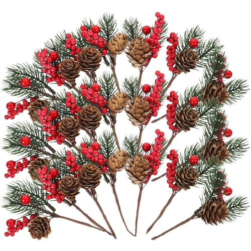VANZACK 10pcs Christmas Tree Berry Decors, Artificial Red Berries Stems Branches, Fake Burgundy Berry Picks for DIY Crafts Wreath Garland Christmas Ornaments Decor