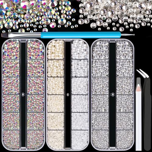 Rhinestones for Nails & Pearls, Manicure Kit, 2-5mm Flat Back Gla...
