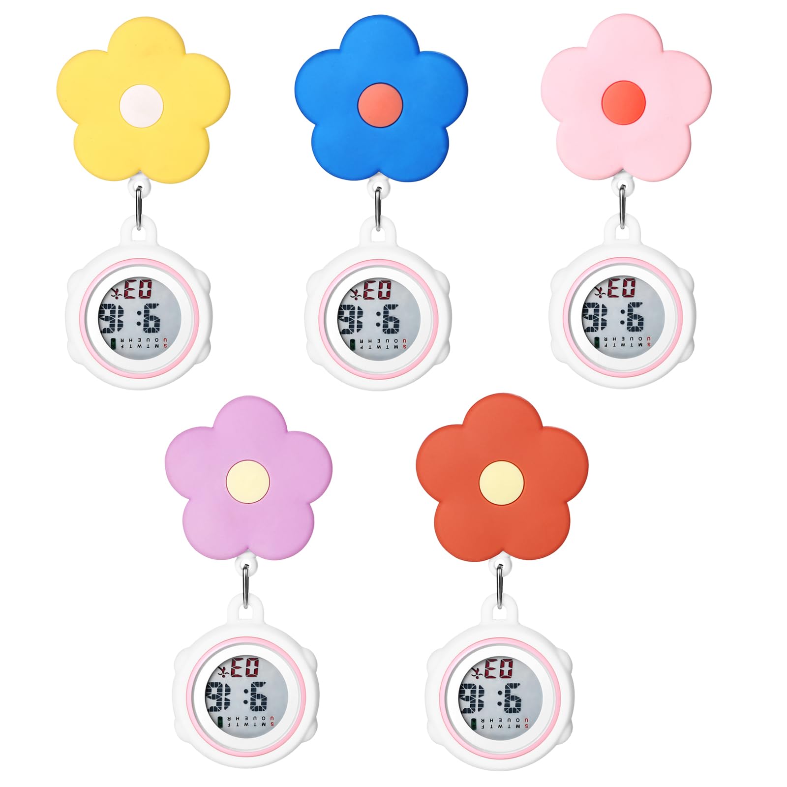 Krankenschwesteruhren Taschenuhr Schwesternuhren Multifunktional: 5 pcs Blumem Digital Schwester Uhren mit Clip Kalender Wecker Chronograph Stoppuhr Fob Uhr für Ärzte Krankenschwester