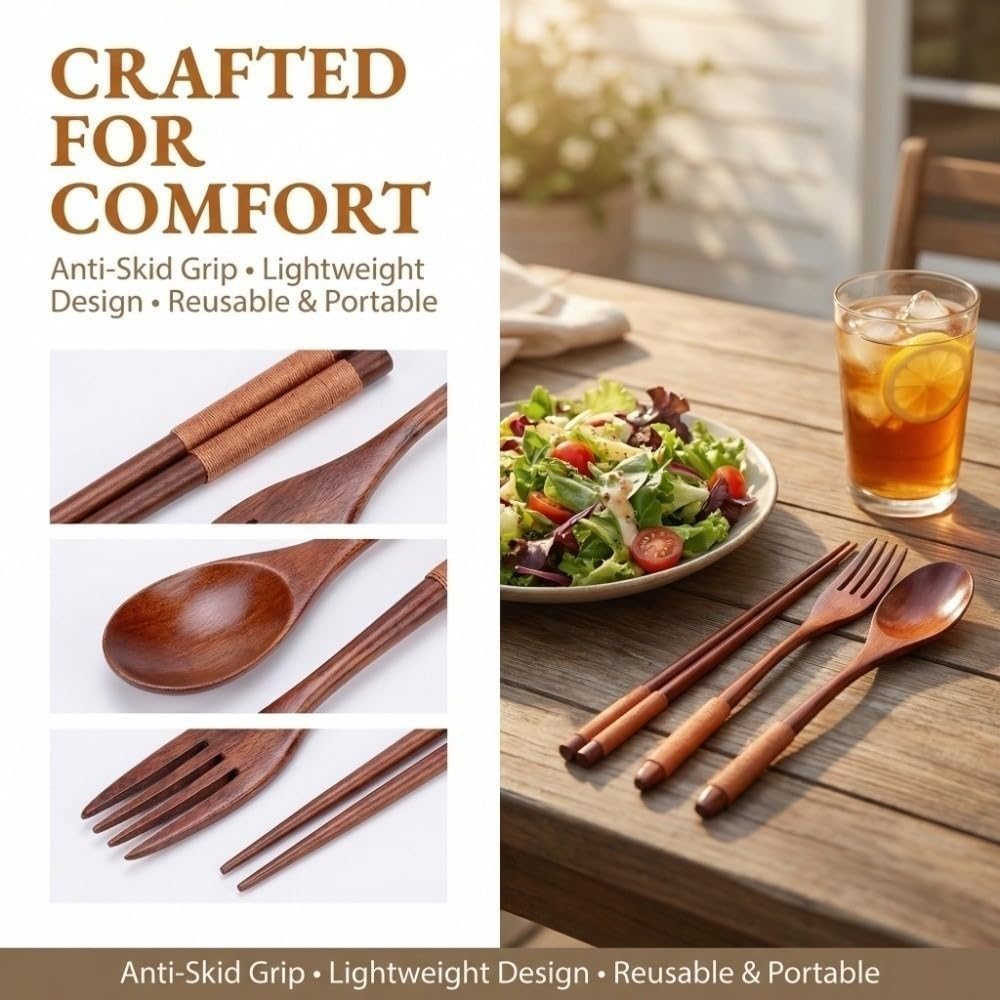 3 Pcs Wooden Utensil Set - Portable Chopsticks Spoon Fork Tableware Kit with Storage Bag for Travel Camping Picnic Home Lunch Dining Use(Brown Rope)