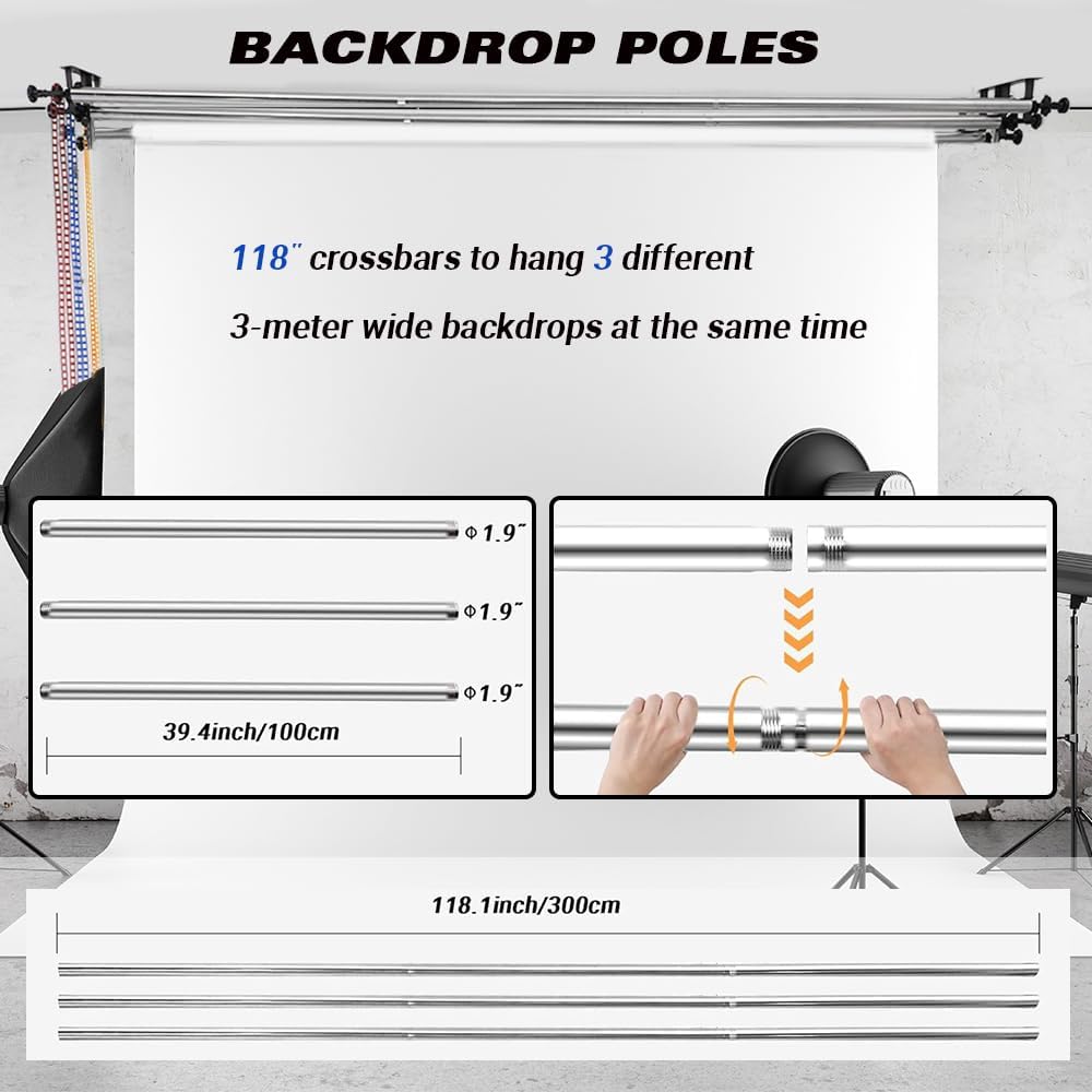 MagicLine Photography Backdrop 3 Roller Support System, 118 inch Stainless Steel Crossbars Manual Backdrop Stand,Wall/Ceiling/Light Stand Mount Background Holder for Home & Studio(Stability)