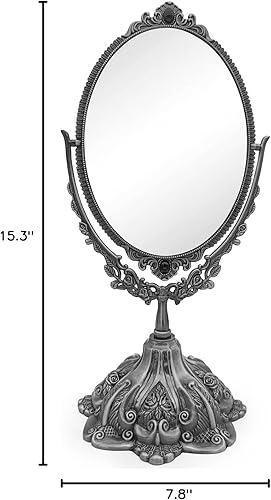 Miniatura 8 de Hsiwto Espejo de maquillaje vintage de doble cara, espejo de escritorio de maquillaje de mesa de metal de aleación con rotación de 360 grados,