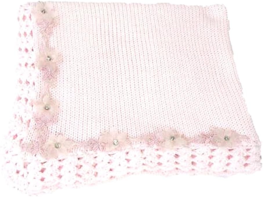 Knitted Crochet Finished Pink Cotton Large Baby Blanket with Rhinestone Ribbons
