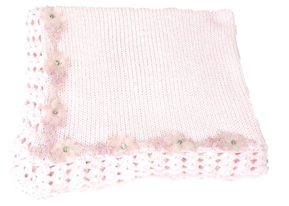 Knitted Crochet Finished Pink Cotton Large Baby Blanket with Rhinestone Ribbons