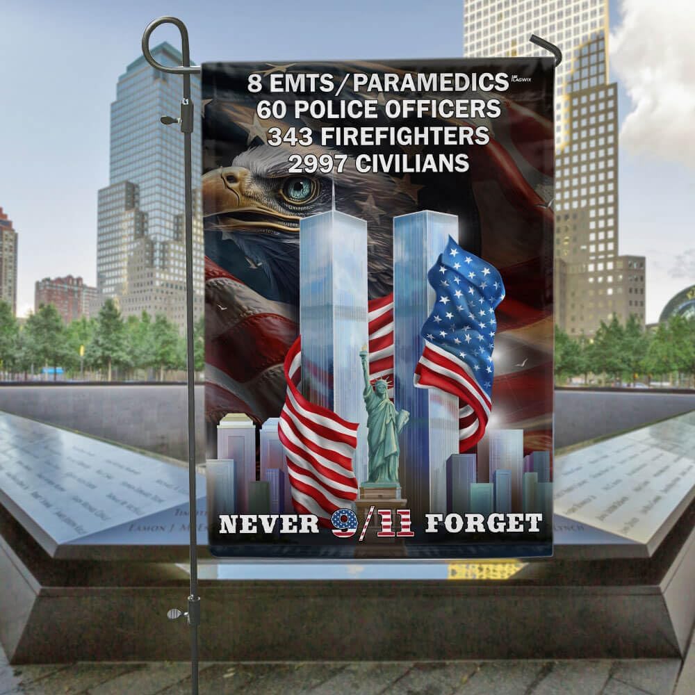 American Flag-Never Forget 9/11 September 11th Attacks Memorial Flag MLN3629F, Garden Flag (11.5" x 17.5")-USA Flags Premium Polyester-Decorative Indoor Outdoor Flag