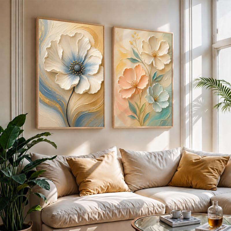 Image of NoWorries Floral Wall Painting Set of 2 with Frame | Premium White Peach & Blue Flower Botanical Artwork, Elegant Nature Wall Decor for Living Room, Bedroom, Office and Home Decoration (Art-7, 17x25inch)
