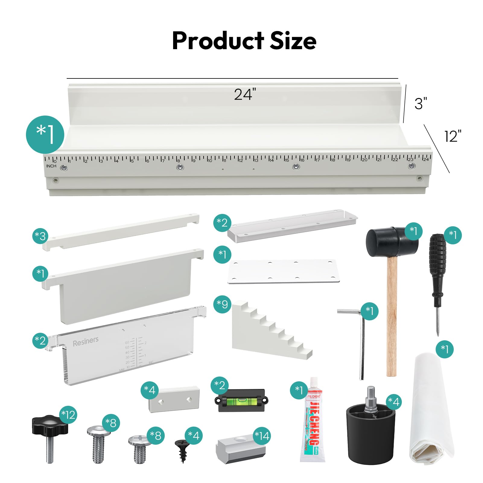 Resiners - Molde de resina epoxi para mesa de río con divisor ajustable, 24 x 12 x 3 pulgadas con nivel de burbuja, sistema de abrazadera de llenado y tabla de profundidad transparente ideal