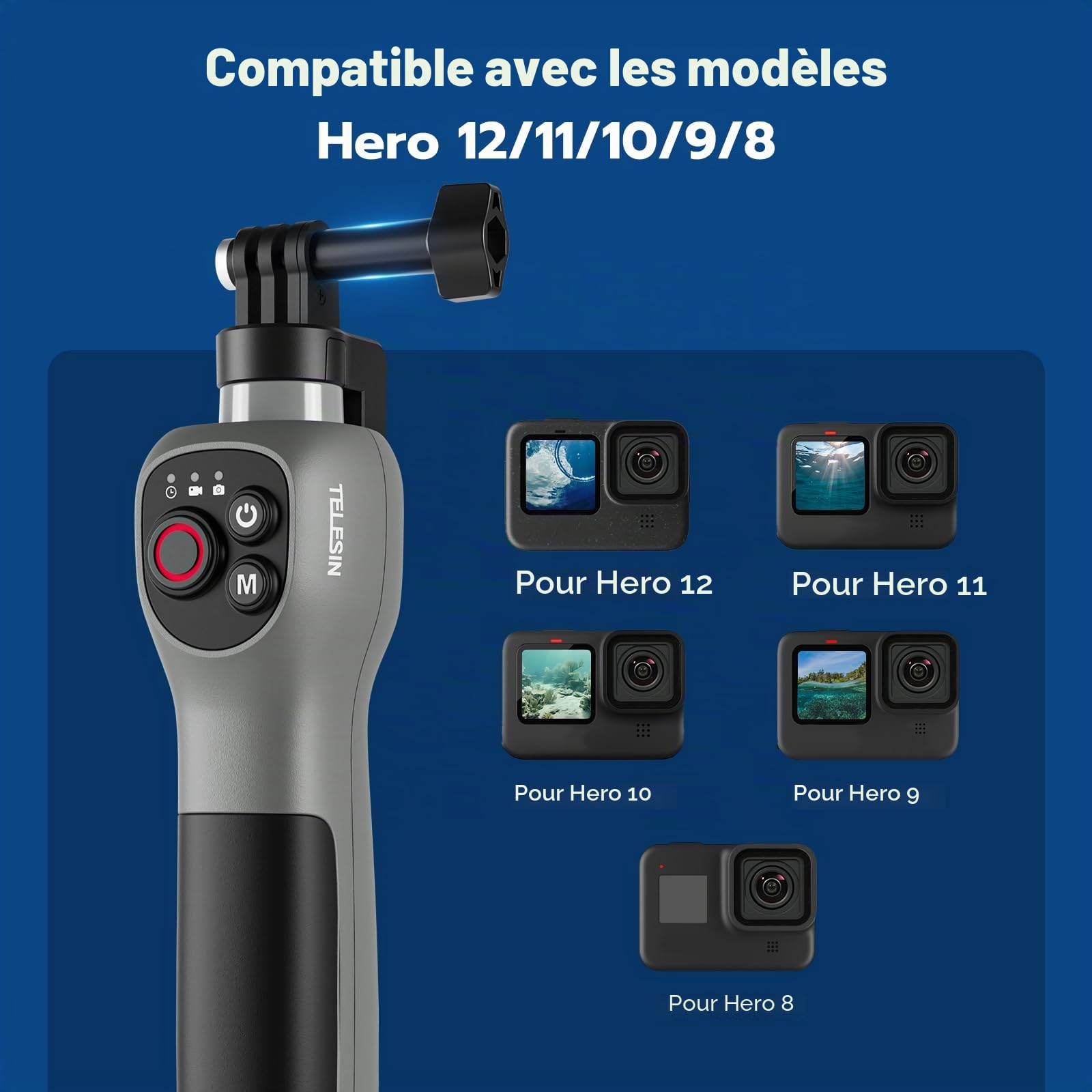 Perche à selfie sous-marine de 33 pouces avec télécommande Bluetooth, étanche et rétractable, pour GoPro Hero 13, 12, 11, 10, 9, convient pour le surf, la plongée avec tuba et la plongée (à