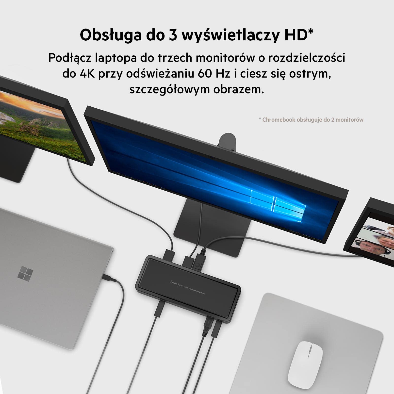 14-portowa stacja dokująca USB-C Belkin, 65 W Power Delivery, monitor 4K, 2x HDMI, 2x DisplayPort, 3x USB-C, 5x USB-A i 1x Gigabit Ethernet, do komputerów Chromebook, XPS, z systemem Windows i innych
