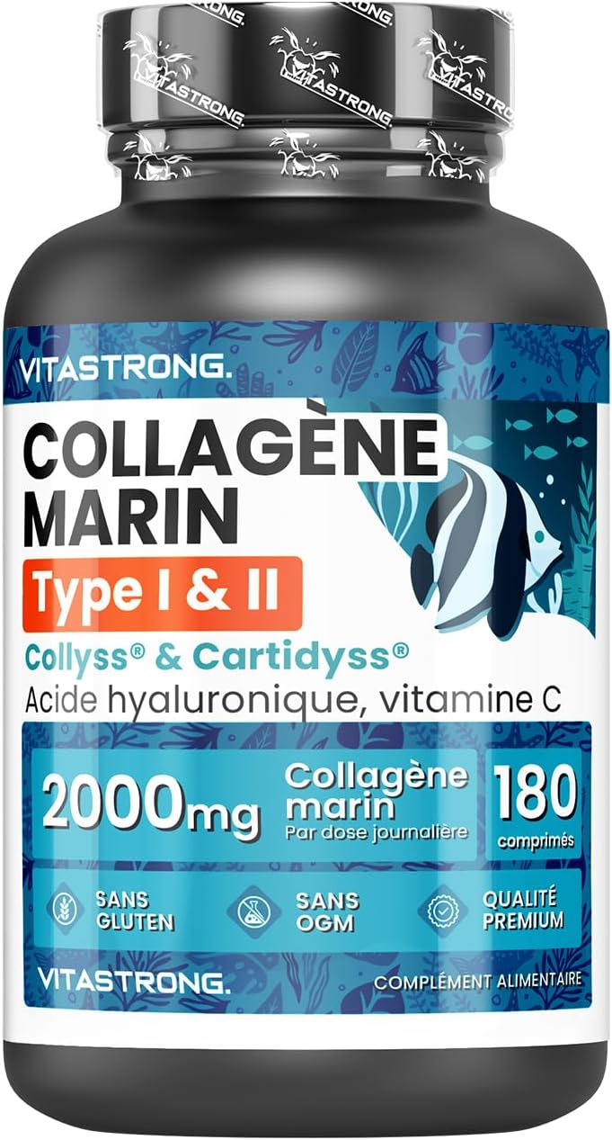 Marine Collagen, Hyaluronic Acid, Vitamin C, 180 Tablets, Hydrolyzed Collagen Type 1&2 Collyss Cartidyss, Hydrolyzed Collagen Supplement Hyaluronic Acid with Vitamin C, Vitastrong Quality