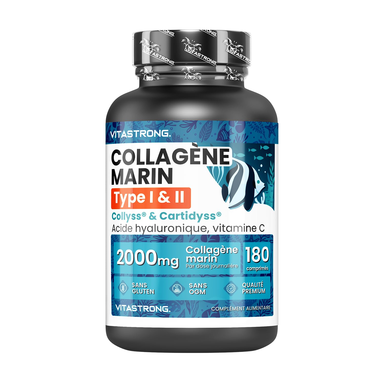 Collagene Marin, Acide Hyaluronique, Vitamine C, 180 Comprimés, Collagène Hydrolysé de Type 1&2 Collyss Cartidyss, Supplément de Collagene Marin Acide Hyaluronique avec Vitamin C, Qualité Vitastrong