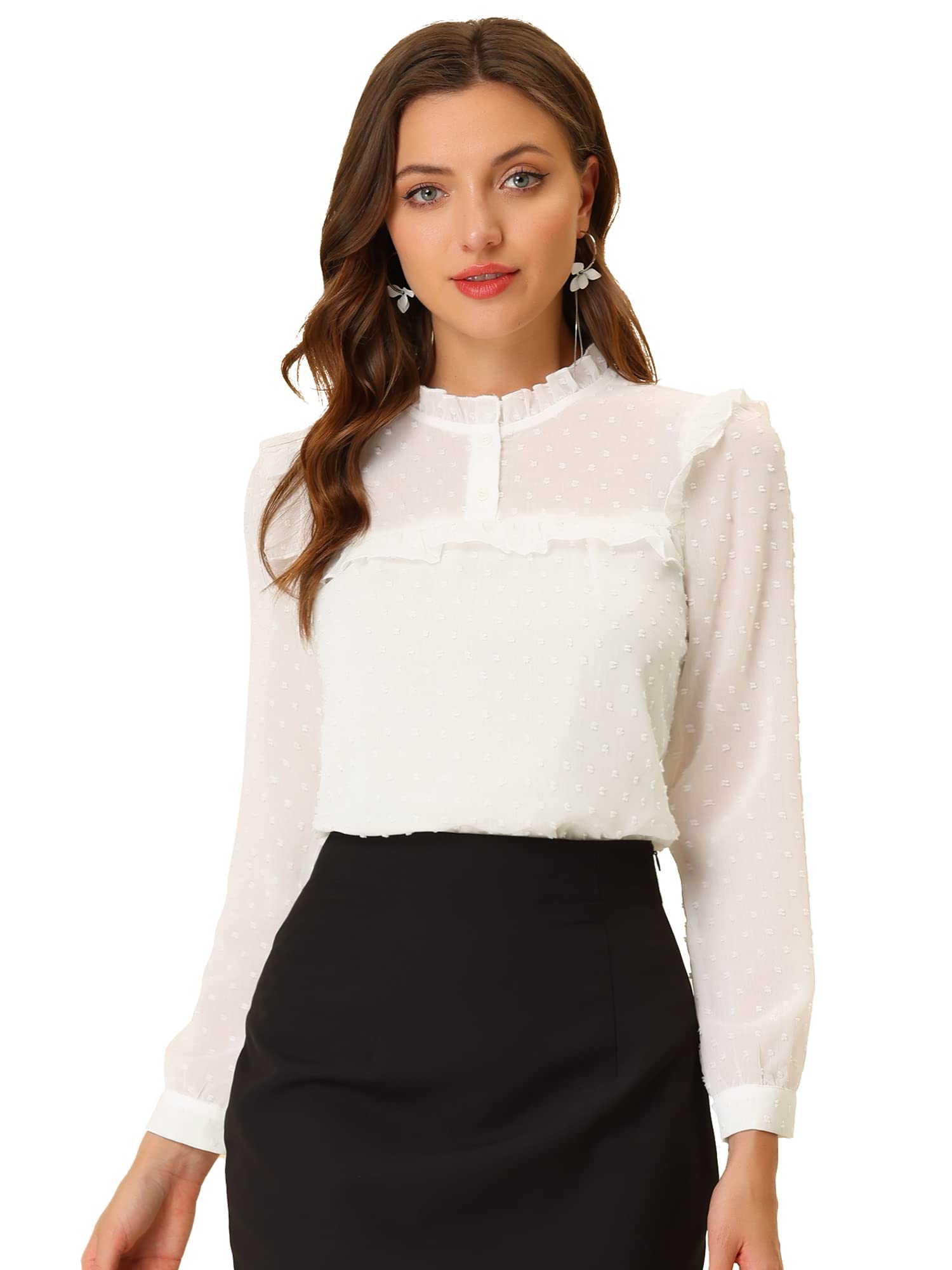 Allegra KWomen's Elegant Swiss Dots Chiffon Blouse Long Sleeve Ruffled Work Office Shirt Top