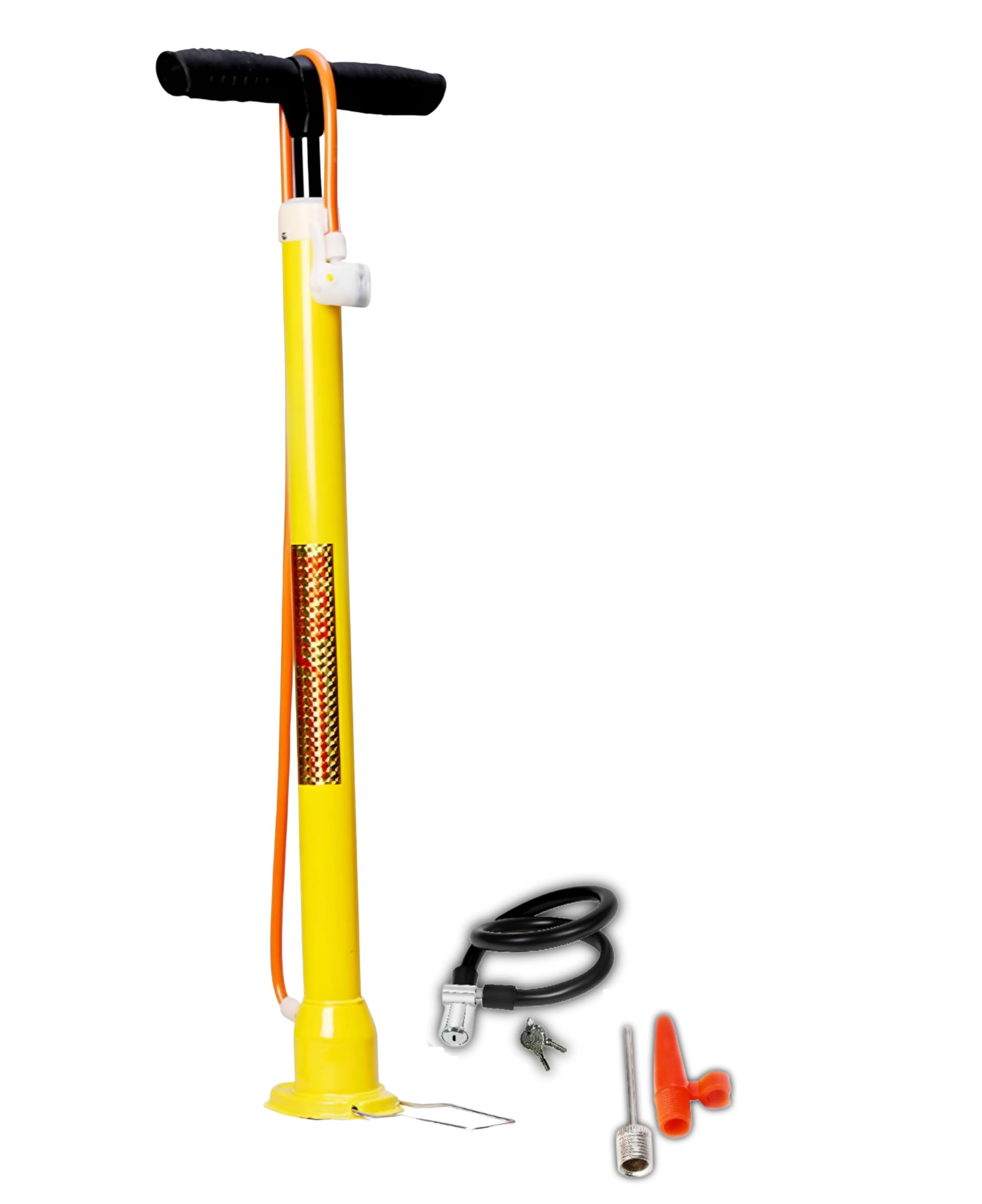Bicycle Floor Pump with Pressure Gauge, High Volume Air Pump with 1 Pin and Security Lock Cable, Yellow (Pack of 1)-picture-26