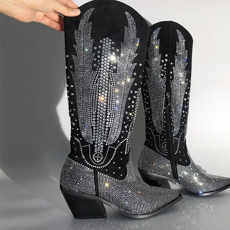 Knee High Cowboy Boots for Women Cowgirl Western Boots Rhinestone Bling Pointed Toe Chunky Heel Pull On Fashion Shoes Tall Black Boot4