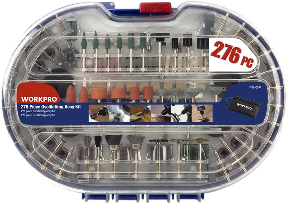 WORKPRO Rotary Tool Set W124003 in its clear plastic case, showing 276 pieces.
