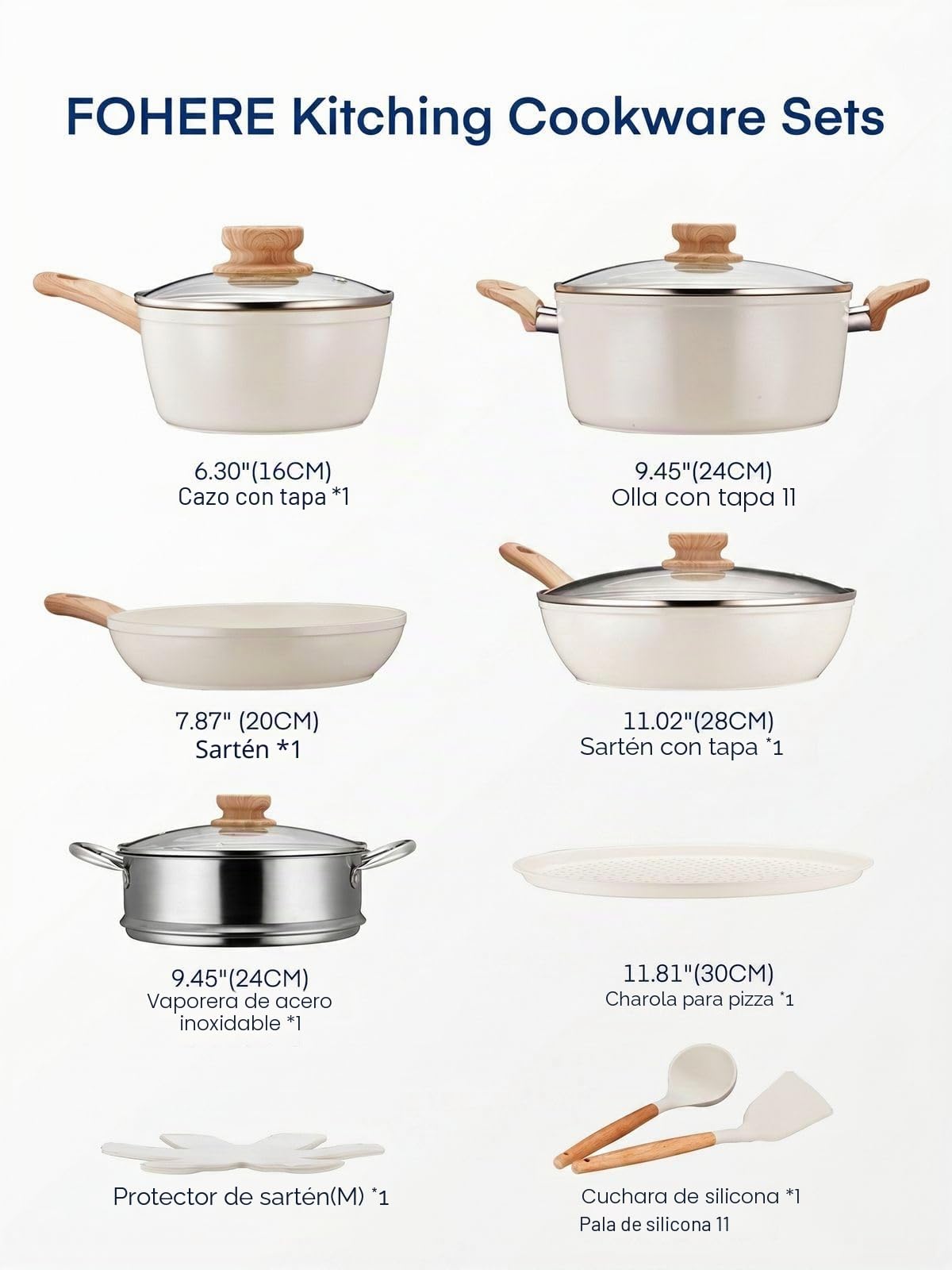 Juego de ollas y sartenes FOHERE, cerámica antiadherente, 15 piezas | Apto para inducción, incluye cacerolas de 16/18cm, sartenes de 20/28cm, bandeja para pizza de 30cm y vaporera de 24cm, blanco