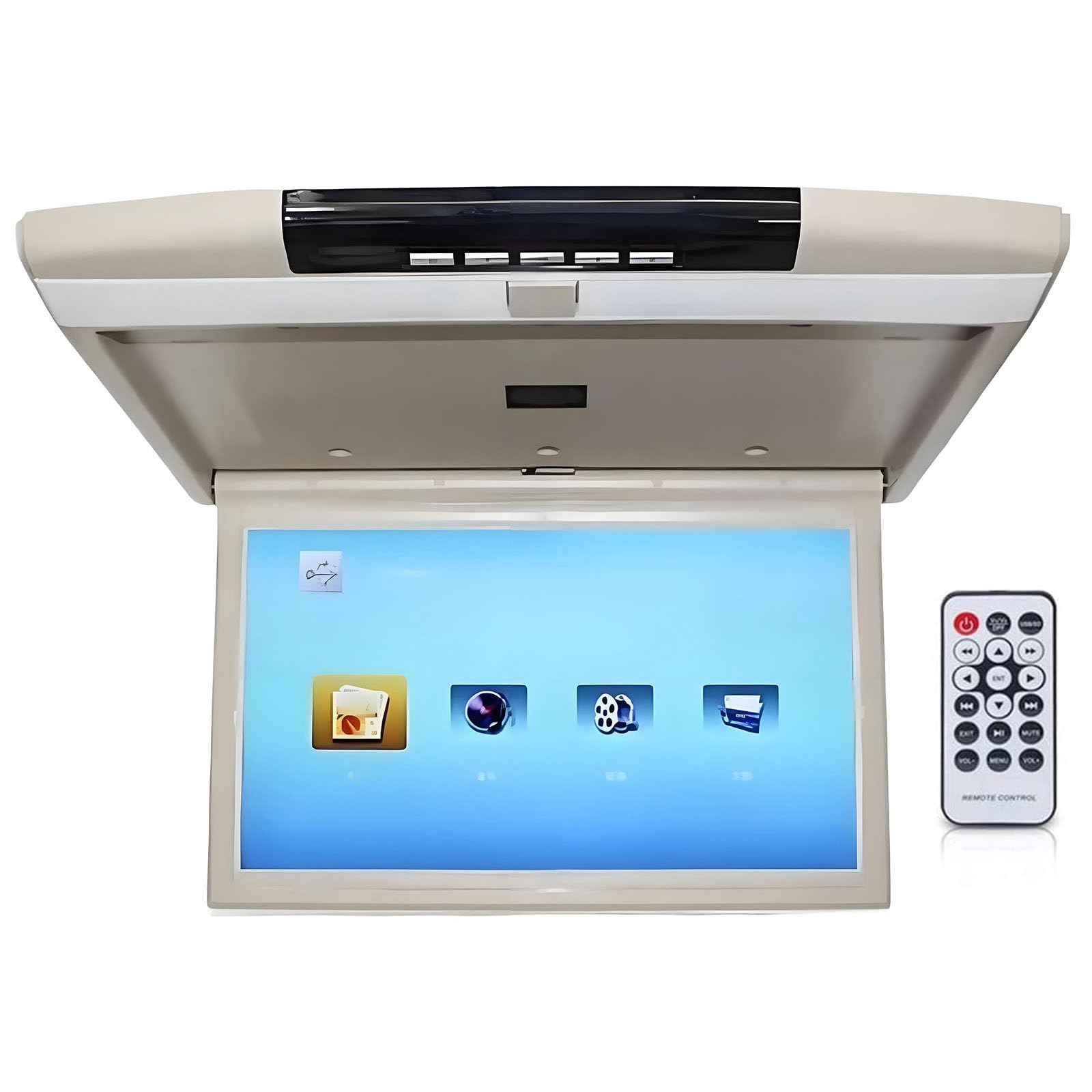XNZJHPP 17.3 in Car Overhead Flip down Monitor,1080p Full Viewing Ceiling HD Digital TV with Light,Remote Control,Car Stereo Player,Ir Fm USB Sd Black (Beige)