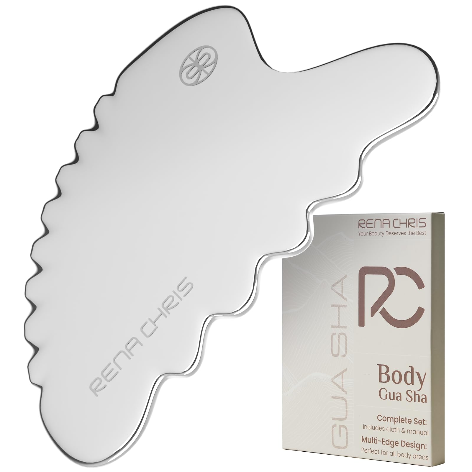 Rena Chris großer Edelstahl Gua Sha Stein, Guasha Stein für eine definierte Kieferlinie, gegen Gesichtsschwellungen, Hautpflege-Geschenk – Glanzsilber