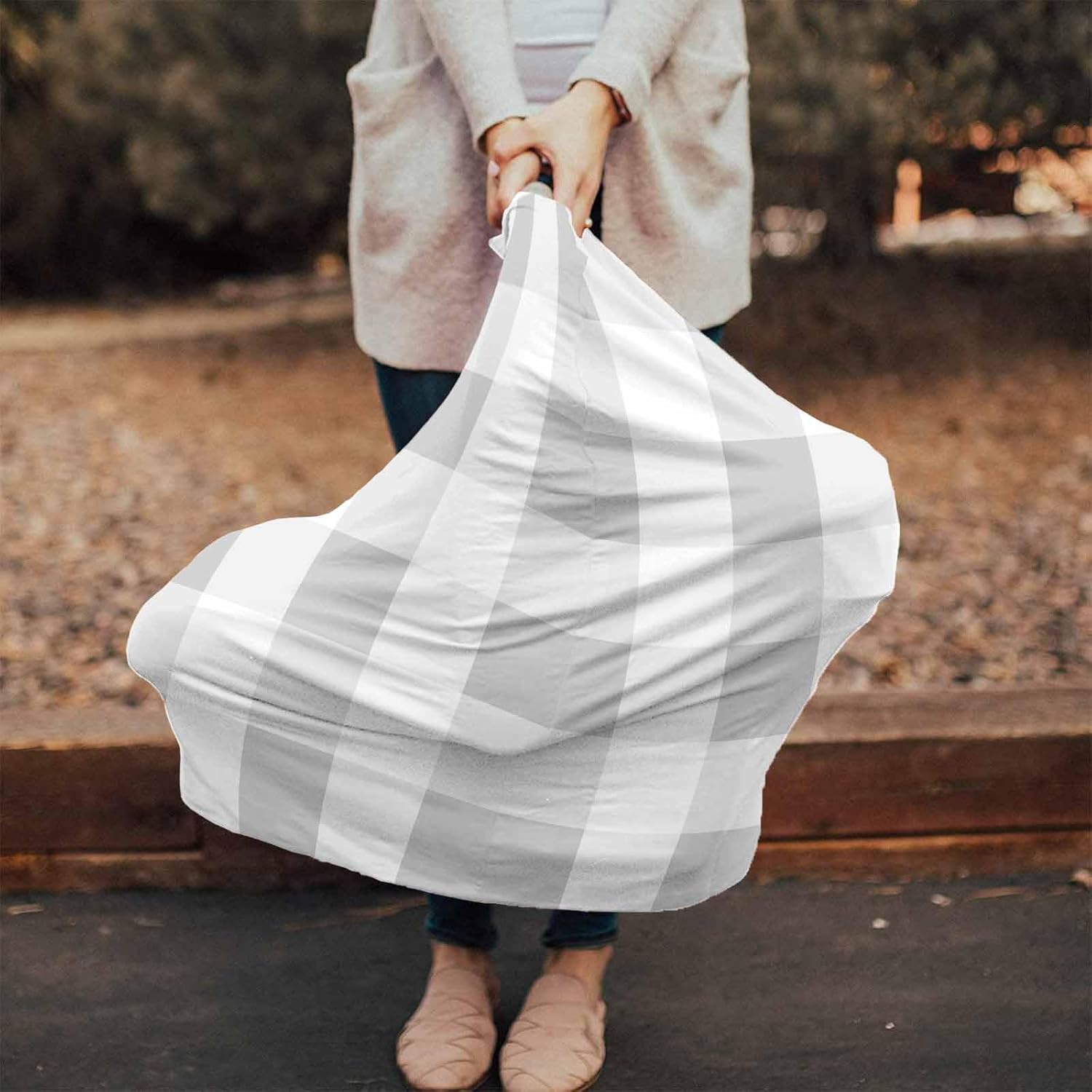 Grey White Plaid Car Seat Covers for Babies, Modern Geometric Minimalist Grid Nursing Breastfeeding Covers Stretchy Breathable Baby Carseat Canopy Cover for Girls and Boys Shower Gifts