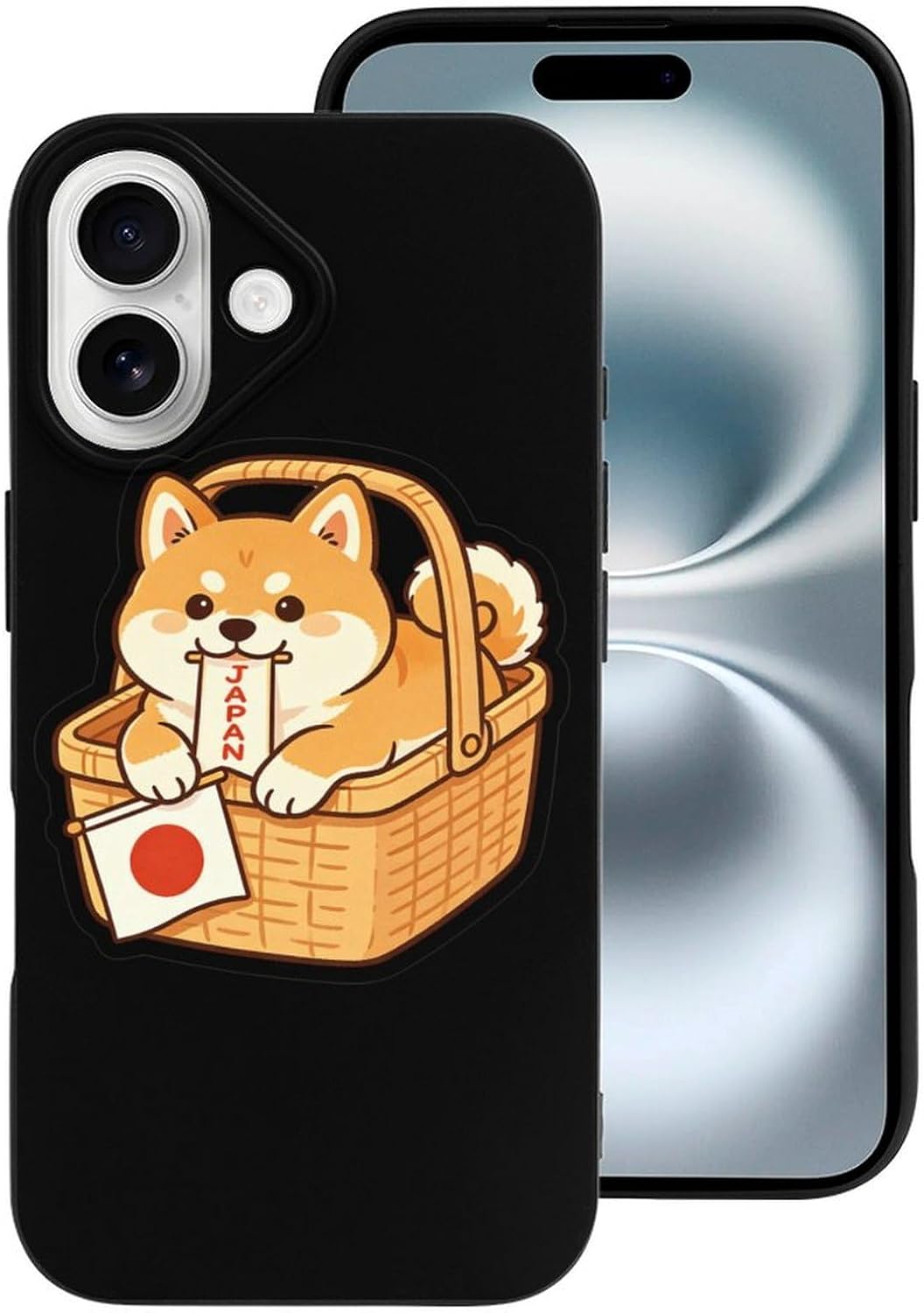 Cute Dog in Basket Japan Flag Phone Case for iPhone 16 Pro Max Plus 16E image 2