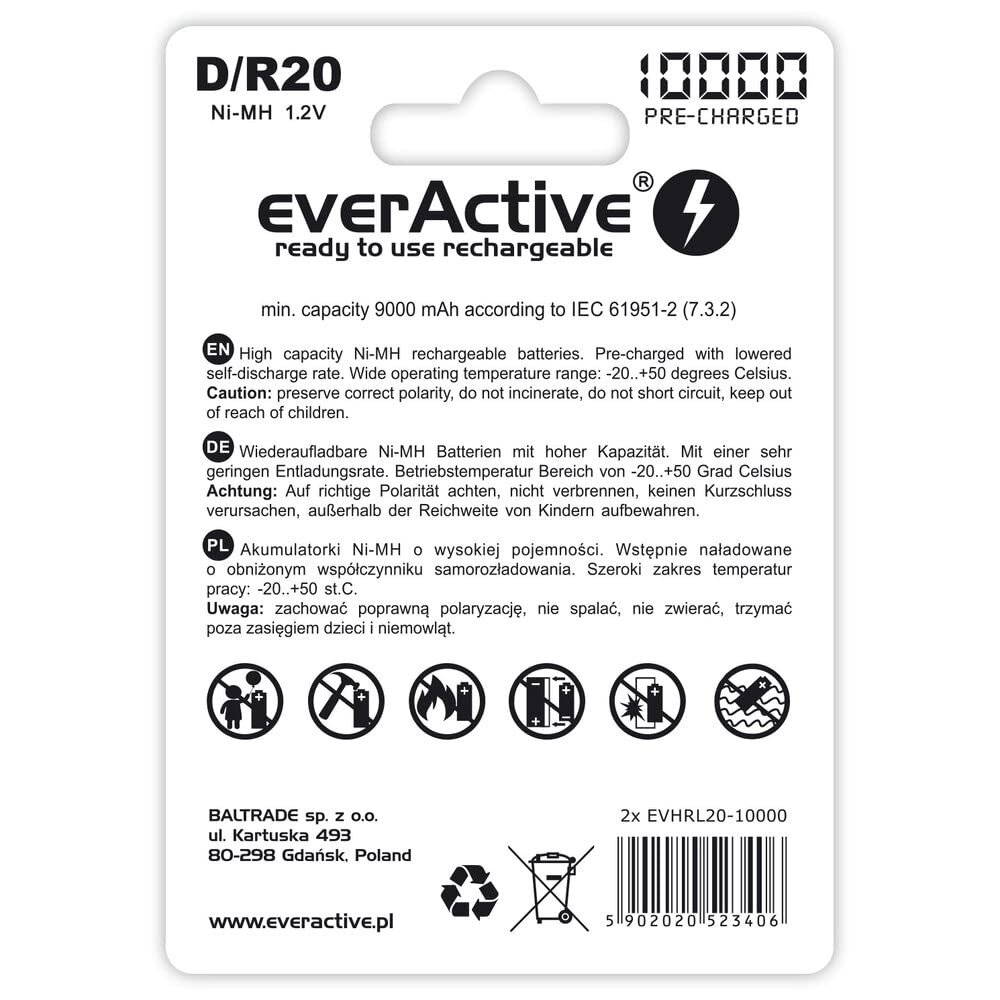 EverActive Akkus D R20 - 2 Stück, 10000 MAh Ni-MH, Vorgeladen, Für Digitalkameras, Taschenlampen & Co.