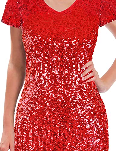 Image of MANER Women's Sequin Glitter Short Sleeve Dress Sexy V Neck Mini Party Club Bodycon Dresses