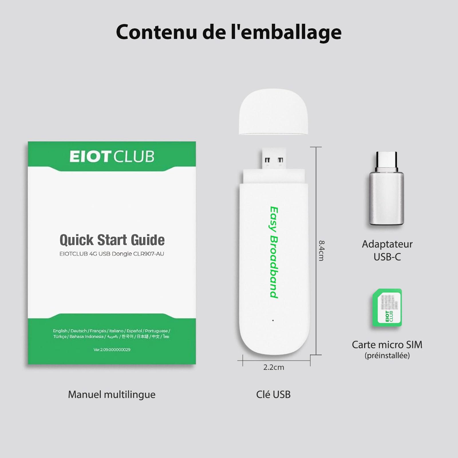 Clé 4G LTE EIOTCLUB avec Wi-FI 6 (SIM Incluse), Modem Wi-FI USB A & C, 150 Mbit/s, Connexion LTE Plug & Play, Point D'accès Mobile pour PC/Tablette/Voyage/Travail, Uniquement avec SIM EIOTCLUB