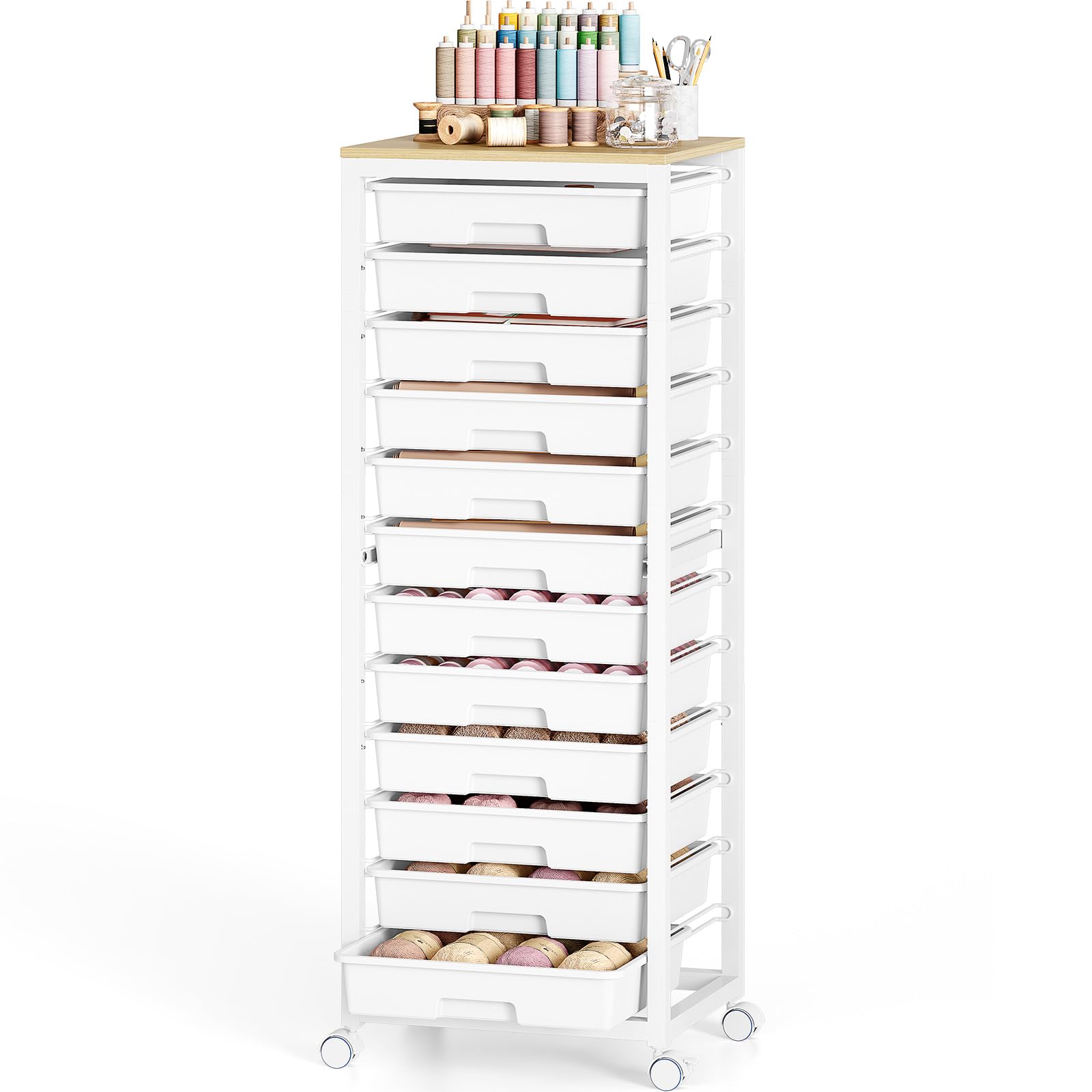 SYKIARIOL Chariot à roulettes avec 12 tiroirs - Chariot de bricolage mobile avec plateau en bois, idéal pour l'organisation à la maison et au bureau (blanc)