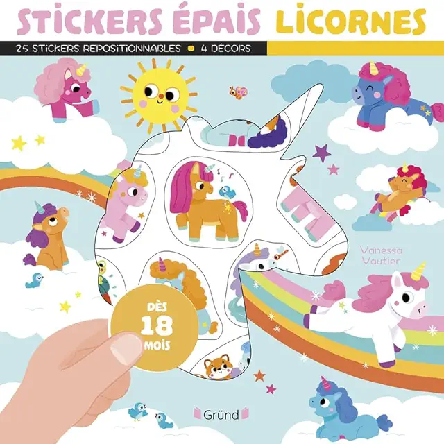 Stickers repositionnables Licornes : Pochette de 25 autocollants épais avec 4 décors - Dès 18 mois