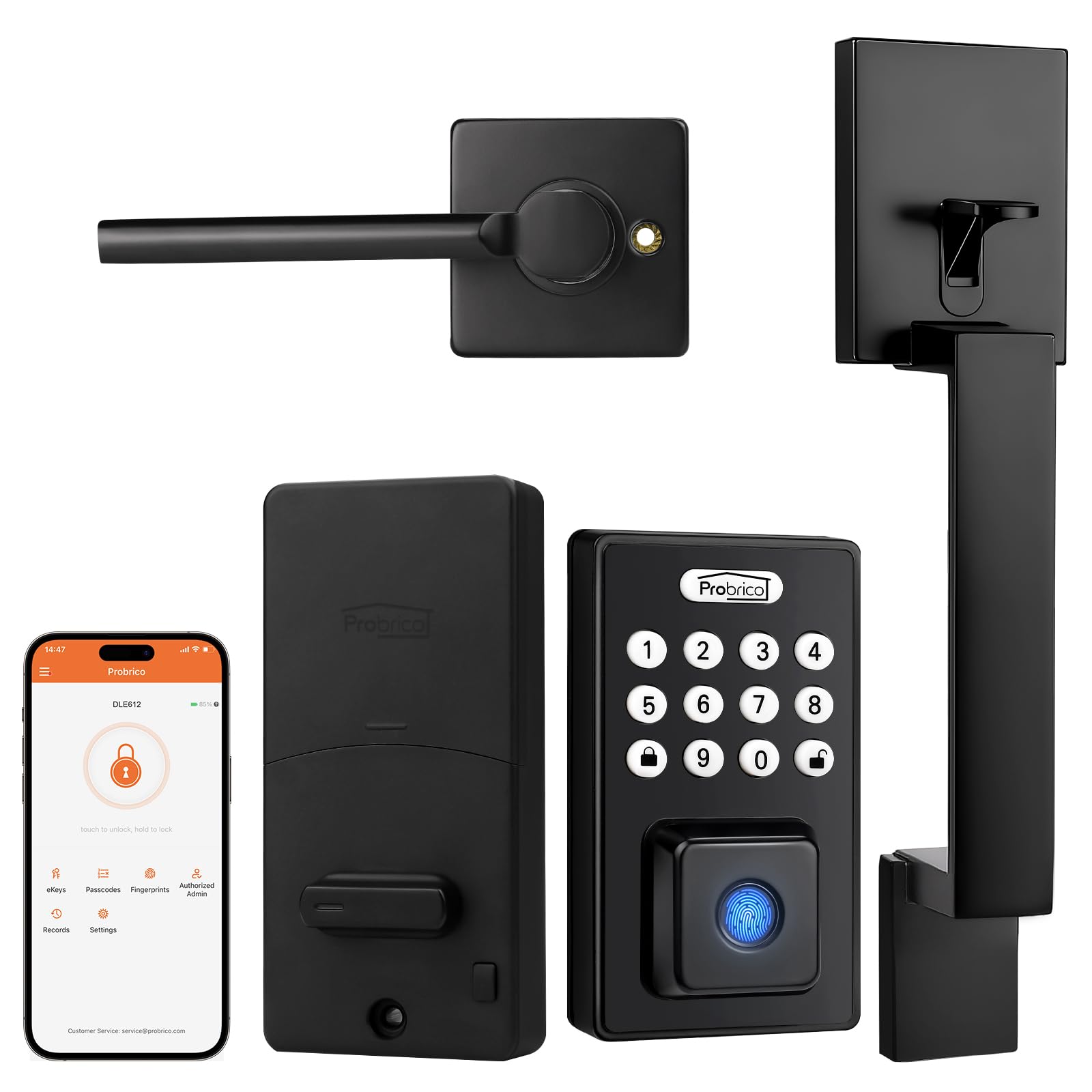Probrico Front Door Black Smart Lock with Fingerprint/Keypad/App Unlock, Keyless Auto-Lock for Home Security with Round Handle, Electrical Deadbolt Handle Set for Entry Door 1 Set