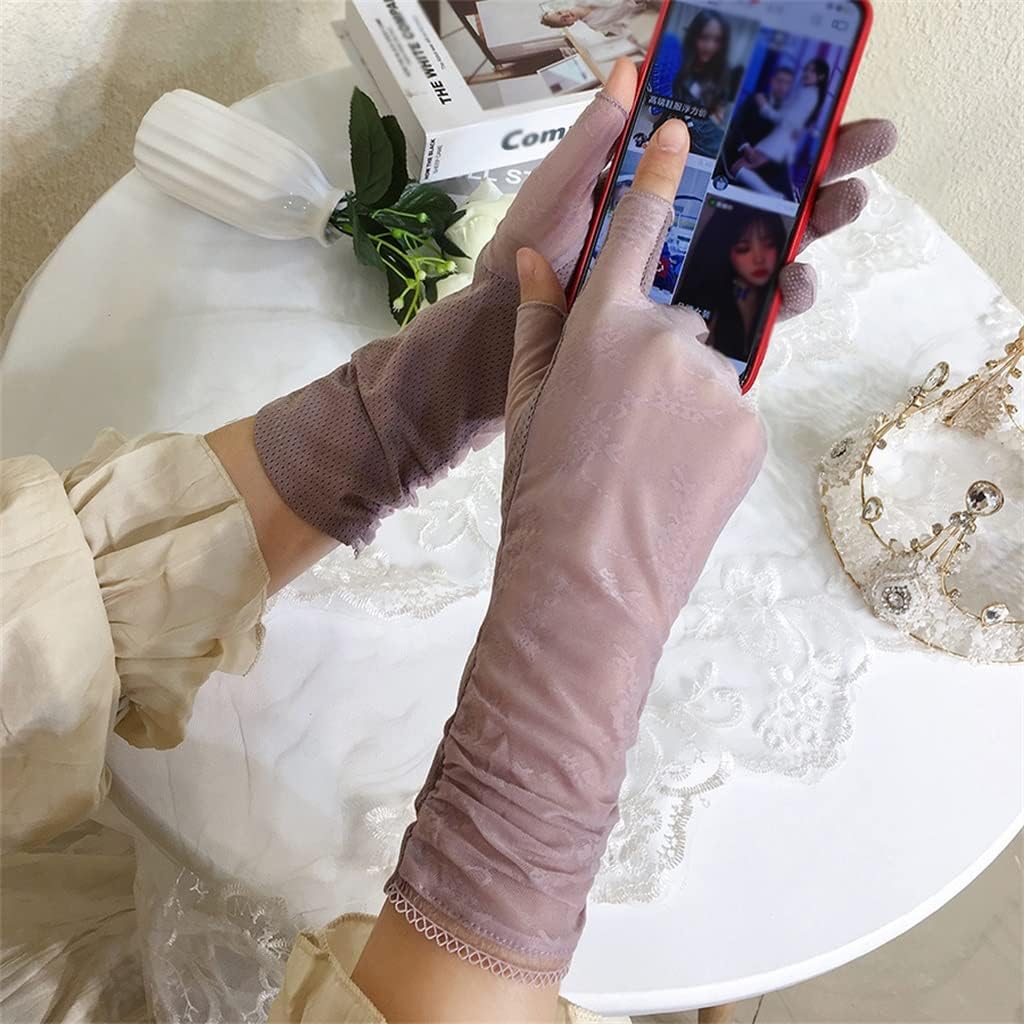 Ladies Thin Ice Silk Fingerless Breathable Mid-Length Stretch Driving Riding Touch Screen Gloves