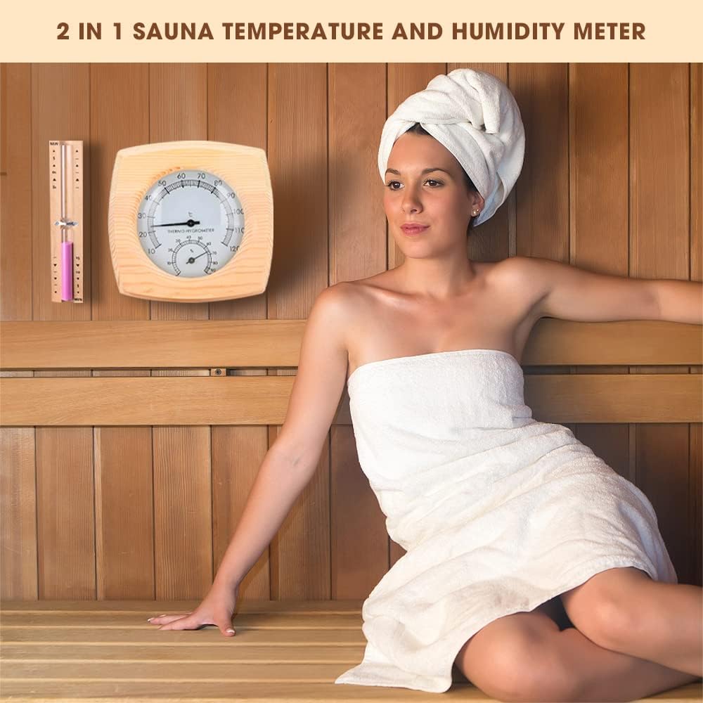 2 in 1 Sauna Thermometer Hygrometer und Sanduhr, Wandmontage umweltfreundlich Sauna Klimamesser Tropfen mit 15 Minuten Rotierender Sandglass Holz für Sauna Innenausstattung, Badezimmer
